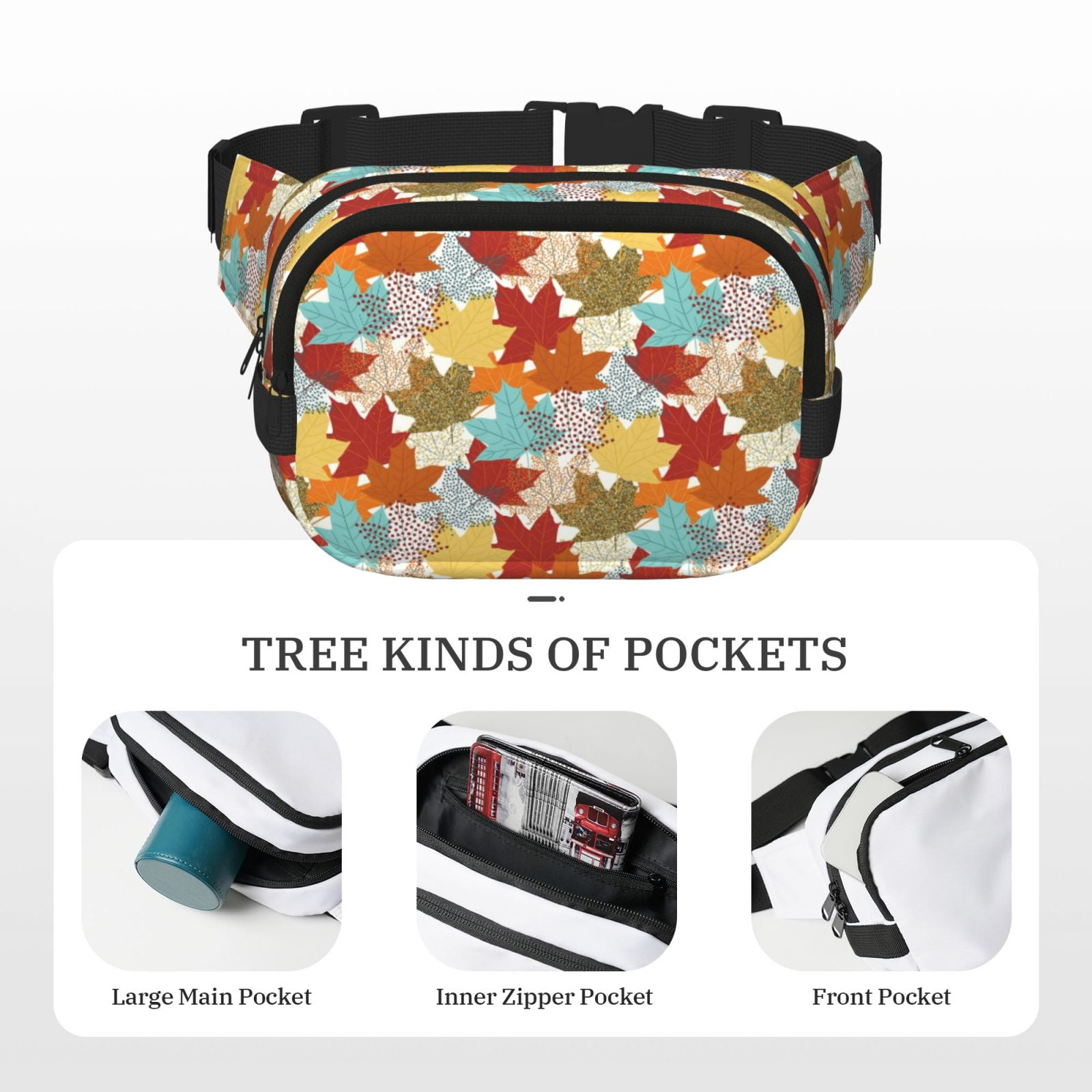 Picia Fall Maple Leaves Print Square Double-Layer Waist Bag Mini Adjustable Waist Belt Bag Exercise Running Travel Hiking