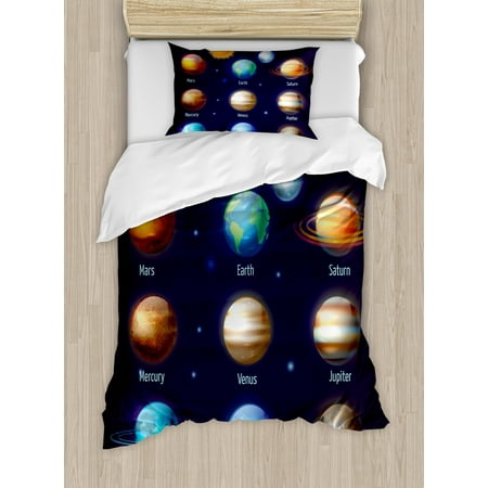Educational Twin Size Duvet Cover Set, Solar System Planets and the Sun Pictograms Set Astronomical Colorful Design, Decorative 2 Piece Bedding Set with 1 Pillow Sham, Multicolor, by Ambesonne