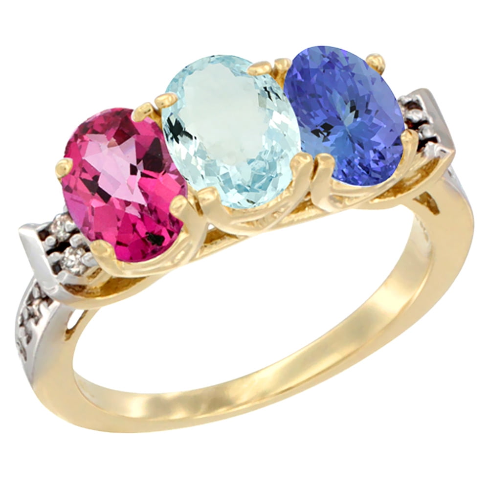 14K Yellow Gold Natural Pink Topaz, Aquamarine & Tanzanite Ring 3-Stone 7x5 mm Oval Diamond Accent, sizes 5 10 by WorldJewels