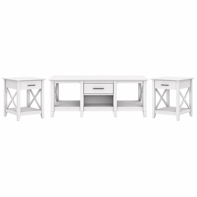 Bush Furniture Key West Table Basse avec Ensemble de 2 Tables d'Appoint, Chêne Blanc Pur