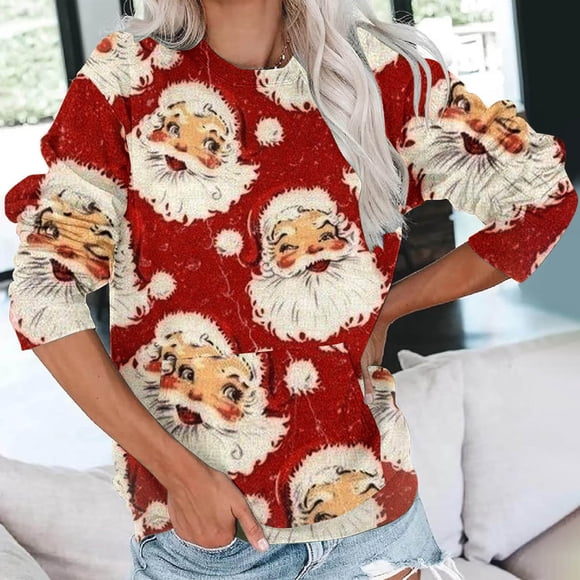 Qioperta Plus Size Tops for Women,Women's Fashion Christmas Print Loose Round-Neck Long Sleeve Pocket Blouse Tops