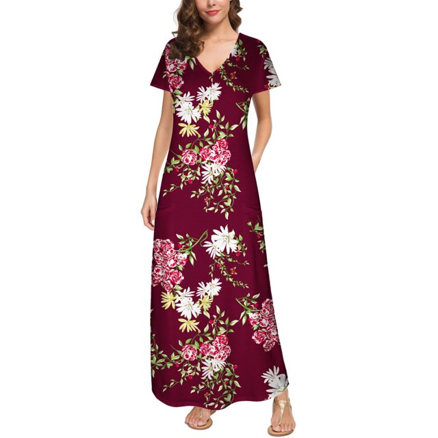 Puntoco Vestido De Manga Corta Con Cuello En V, Vestido Largo Hasta El Suelo De Verano Para Mujer, Vestido Largo Informal Suelto Con Bolsillos, Abertura De Manga Corta, Burdeos M