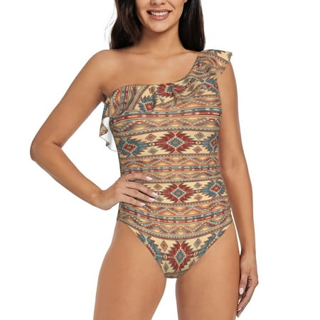 Tideii Traditional Tribal Aztec for One shoulder Ruffled Swimsuit  One Piece Tummy Control Swimsuit Summer Swimwear for Adult Women-Small