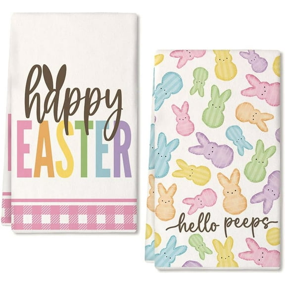 Pink Bunny Easter Kitchen Towels Set of 2,Buffalo Check Hello Peeps Dish Hand Towels Farmhouse Indoor Outdoor Holiday Seasonal Decorations DD088