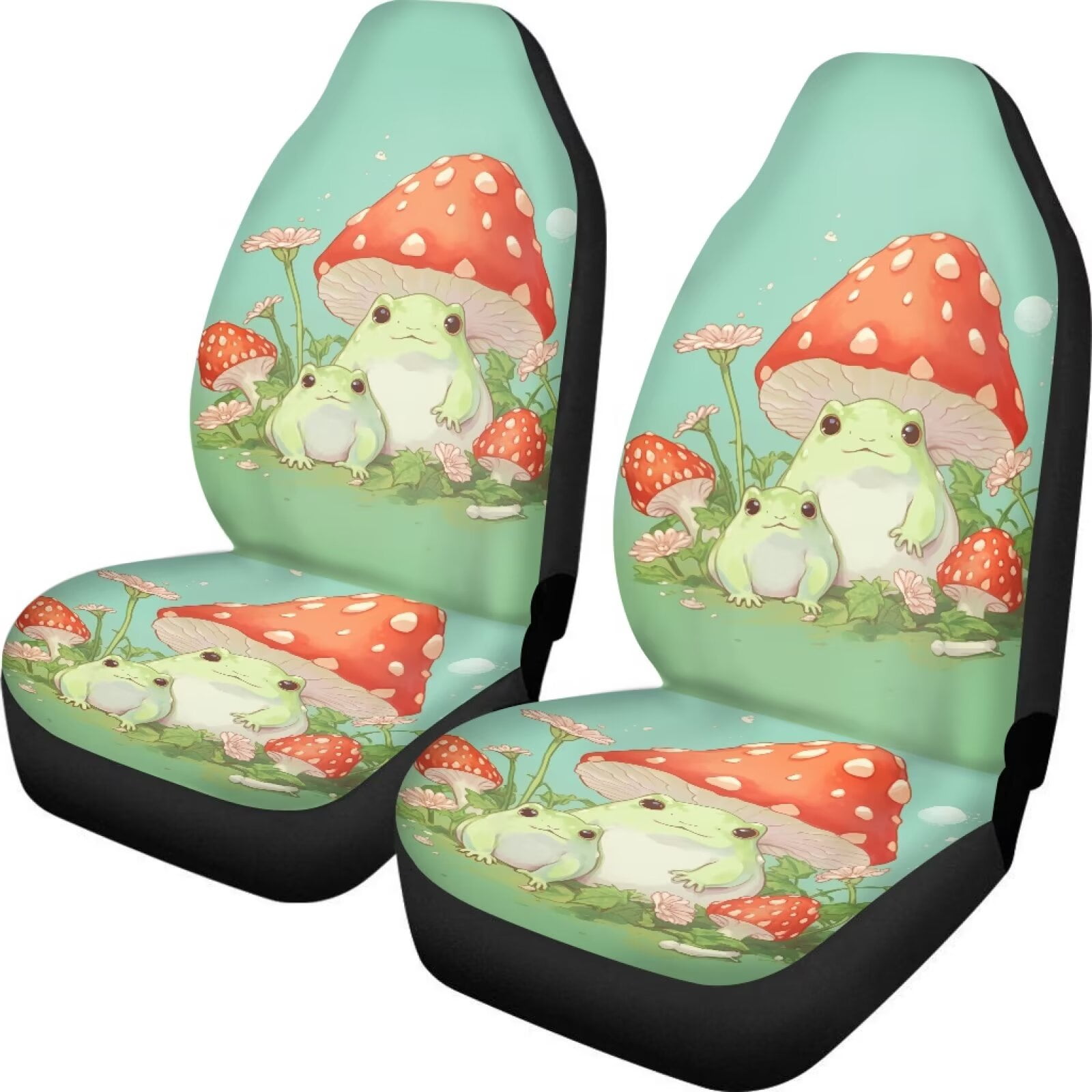 Uourmeti Cute Car Accessories for Women Girl Mushroom Frog Green Print Front Seat Car Covers Set of 2 Bucket Seat Protector Universal Fit Most Truck Suv Van Cars Vehicle Interior Decor