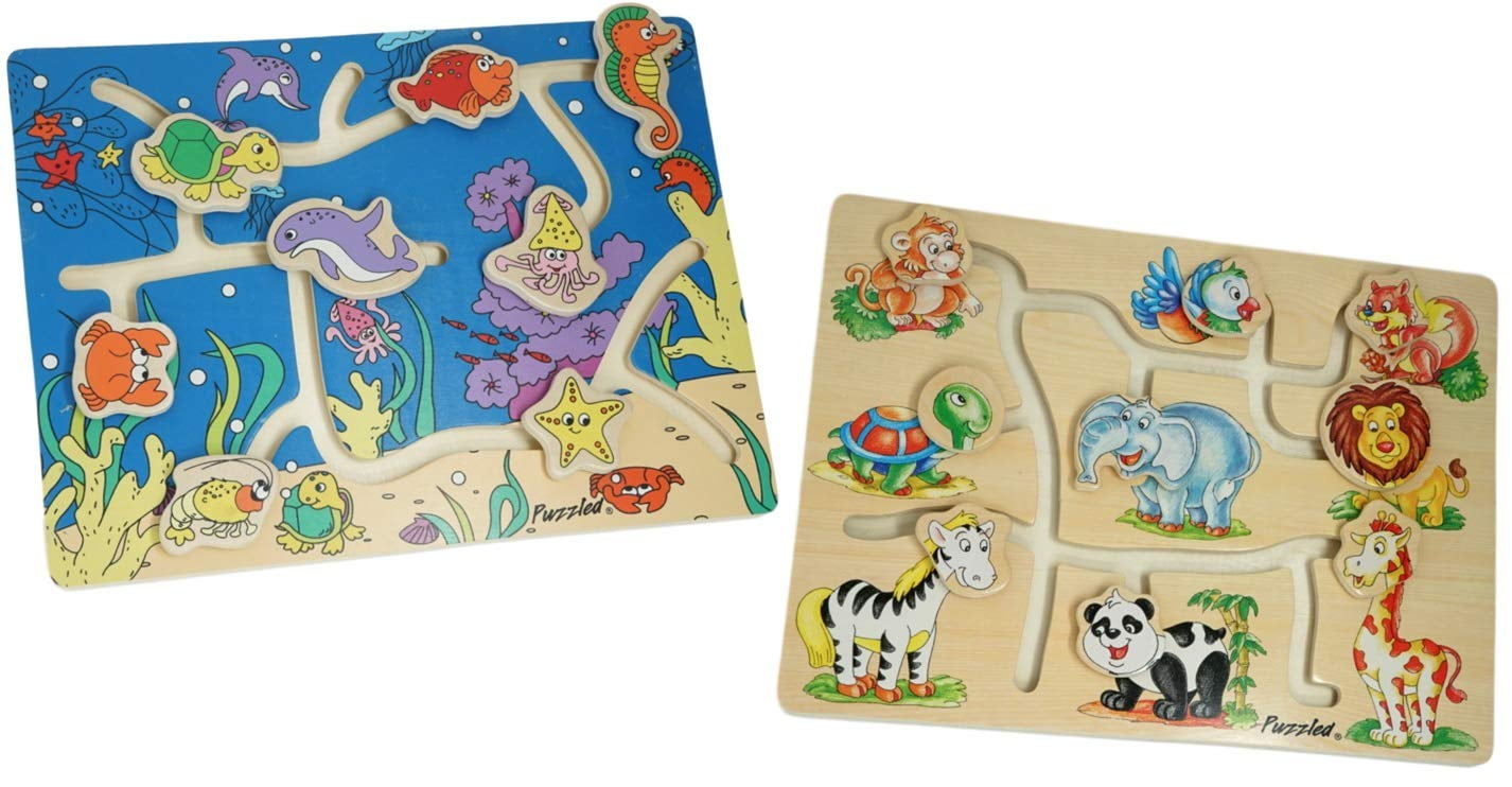 Zoo Animals Ocean 2 Pack Wooden Maze Puzzles Toddler Children Educational 