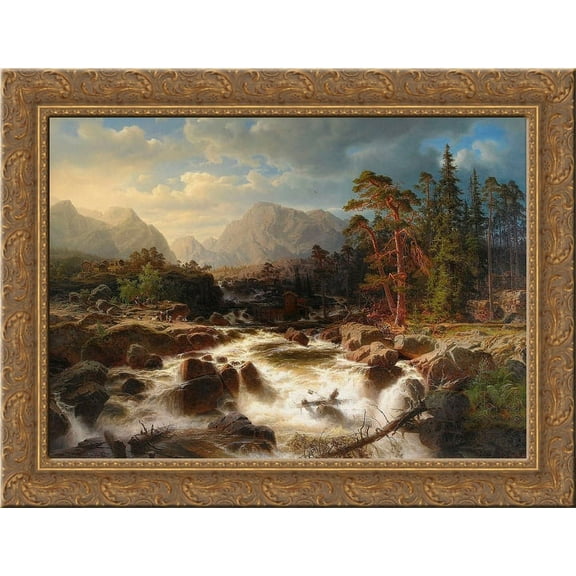 Dramatiskt forslandskap med figurer och kvarnbyggnader 24x18 Gold Ornate Wood Framed Canvas Art by Marcus Larson