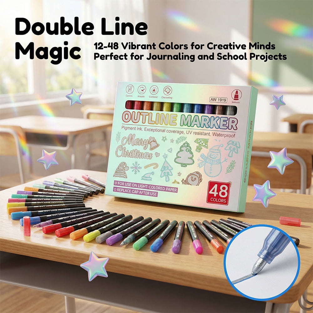 36 Colors Double Line Outline Markers, Metallic Shimmer Glitter Pens for DIY Cards, Journaling, Hand Lettering, Signature Drawing, Scrapbooking, Art Craft Marker Set
