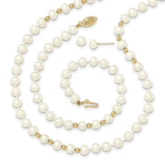 Real 14kt Yellow Gold 6-7mm White FW Cultured Pearl 18in. Necklace 7.25 Bracelet Earring Set; for Adults and Teens; for Women and Men