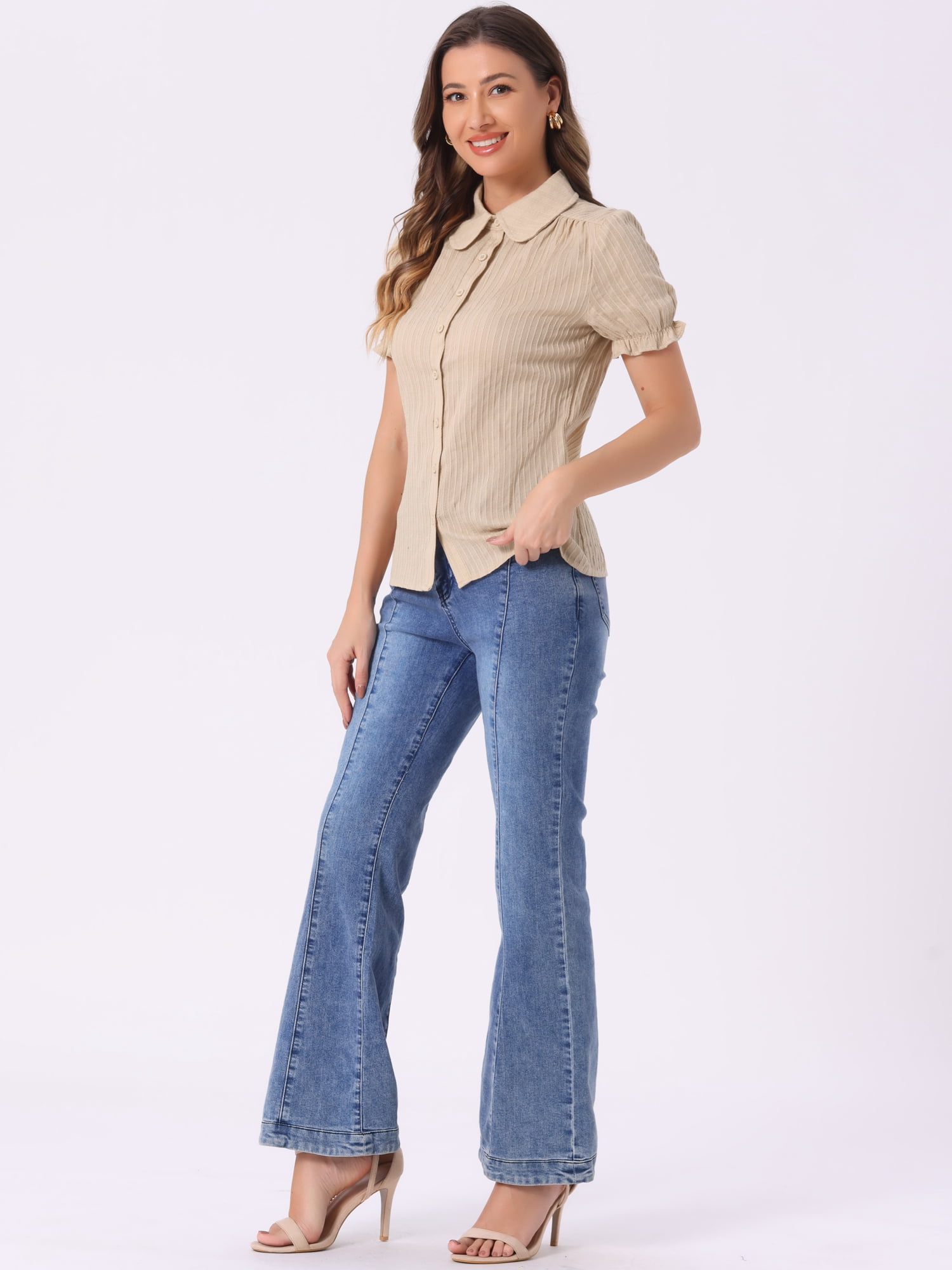 DARING DIVA Women's Cotton Frilled Top Turndown Collar Solid Blouse L Khaki
