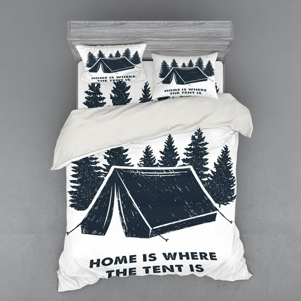 Saying Duvet Cover Set Home Is Where The Tent Lettering With Pine Trees Camping Travel Theme Bedding Shams And Fitted Sheet 3 Sizes By Ambesonne Com Fitted Sheet 3 Sizes By Ambesonne, Travel Themed Twin Bedding