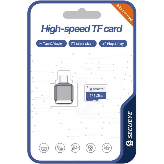 128GB TF Memory Card with Type C Adapter FAT32 Class 10 High Speed Reading/Writing 24/7 Video Recording for Security Camera Smartphone Tablet (128GB   Card Reader)