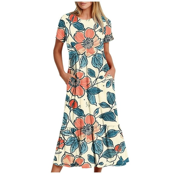 Viikei Flowy Casual Dress Women Maxi,Fashion Women Gradient Print V-neck Short Sleeve Loose and Comfortable Dress Wine XXL
