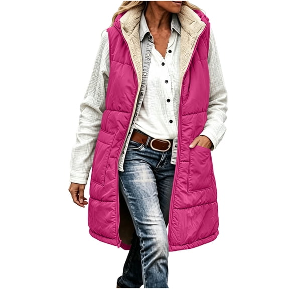 Perfectbot Women's Sherpa Lined Hooded Vest, Quilted Sleeveless Puffer Zip Up Jacket Warm Winter Outerwear
