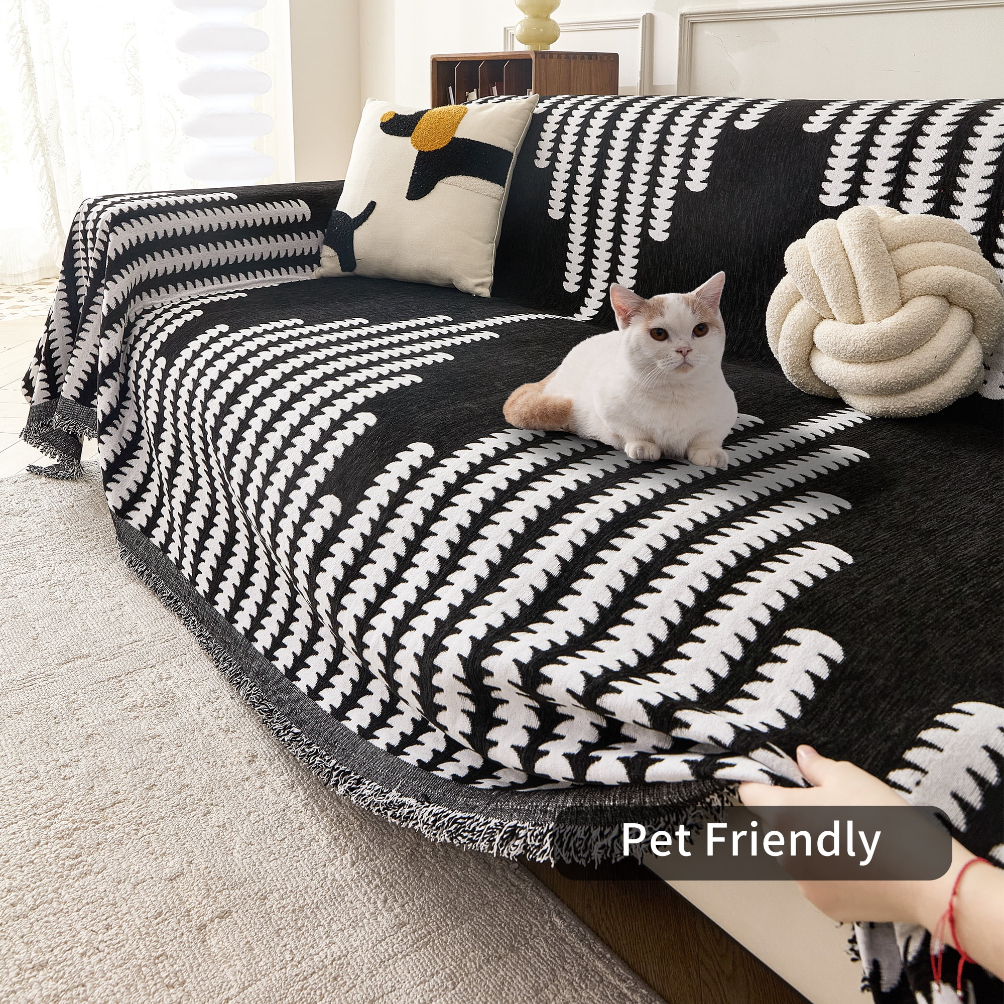 Smuge Sofa Cover, Couch Cover Protector Slipcover L Shape 3 Cushion Sofa Towel Sectional Throws Sofa Covers for Dogs Cats Home Decor(71"x 150", Black White)