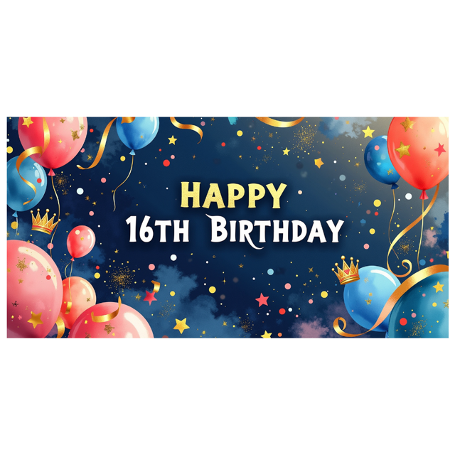 Blue Backdrop Happy 16th Birthday Banner with Balloons Stars and Hearts Party Decors Photography Props for Birthday Party Celebration Photo Booth Setup