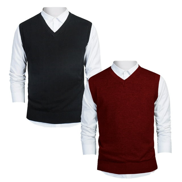TOPTIE 2 Pack Window Clerk Sweater Vests For Men, Work Uniform Cotton V-Neck Sweater Vests-BLACK WINERED-S