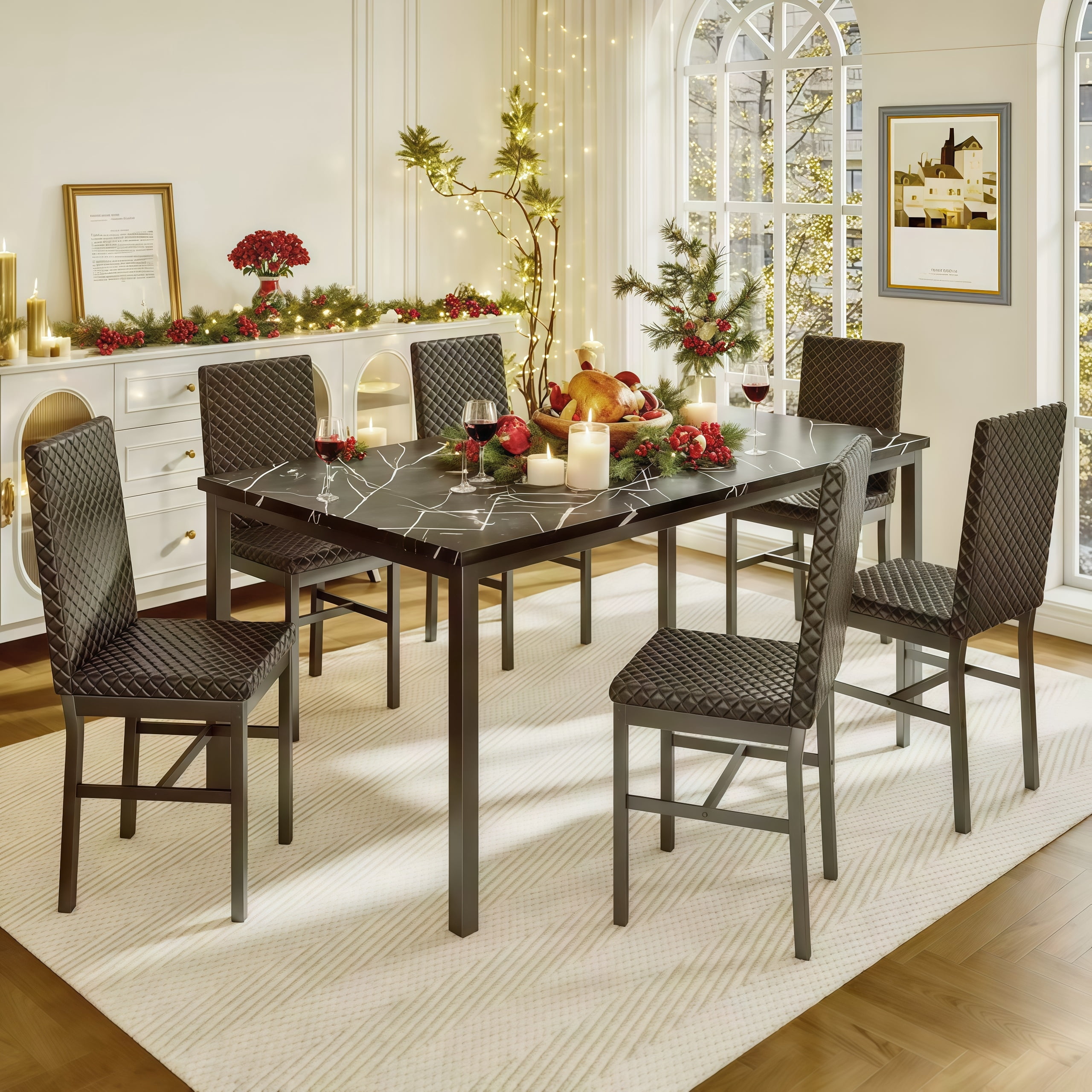 LinkRomat 7-Piece Modern Dining Table Set for 6, Faux Marble Table with PU Leather Chairs, Black