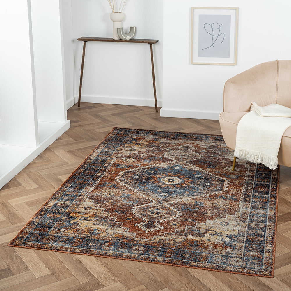 LR Home Han 5' x 7' Blue/Red Medallion Machine Washable Indoor Area Rug