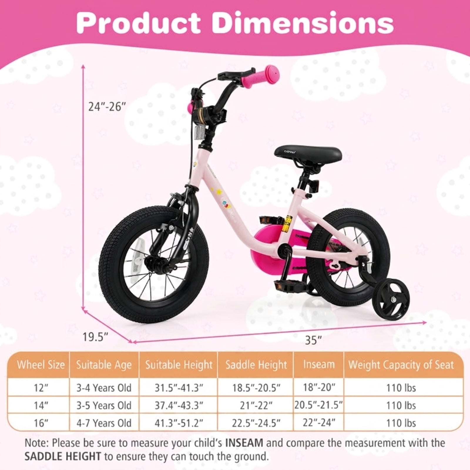 Redsmile Kids Bike 12 Inch for 3-7 Years Old Boys and Girls, Toddler Bicycle with Adjustable Handlebar and Seat, Children Bike 12/14/16-Inch, Holds 110 lbs, Pink