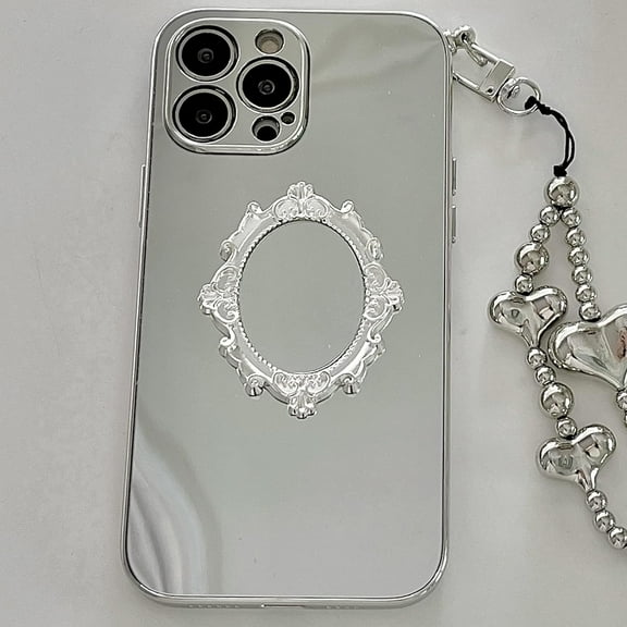 Compatible with iPhone 13 Pro Max Mirror Bracelet Case Bead Chain Wristband Strap Retro Frame Makeup Cute Glossy Luxury Shockproof Protective Cover for Girls and Women