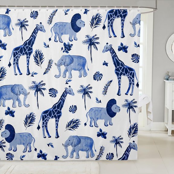 Blue Safari Jungle Animals Shower Curtain with Palm Trees Fabric Waterproof Bathroom Decor 71x71 inches