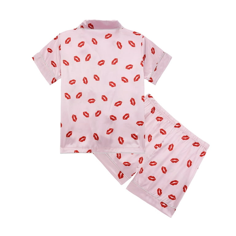 Girls Satin Pajama Set Lip Print Short Sleeve Sleepwear Button