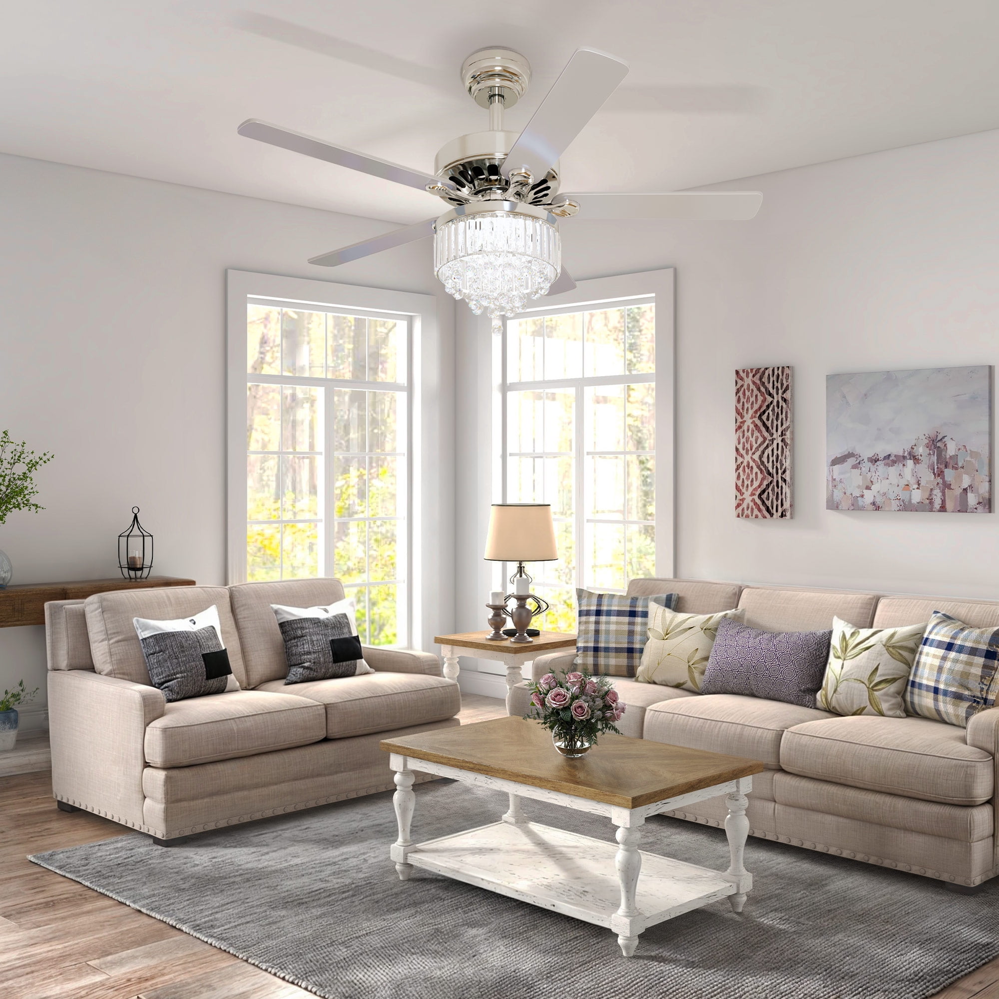 Uforic 52" Crystal Ceiling Fan with light and Remote Control,5 Blades Chandelier Ceiling Fan -Chrome