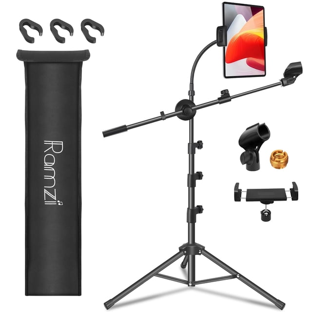 Ramzi Soporte para micrófono, soporte para micrófono 6 en 1, soporte para micrófono con brazo de piso, soporte para micrófono con cuello de cisne, clips para tableta, soporte para teléfono, cualquier