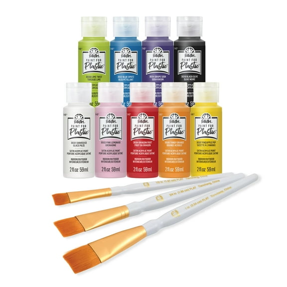 FolkArt Paint for Plastic Kit, 12 Piece Set with Brushes for Craft Projects