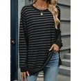 thumbnail image 4 of Womens Casual Striped Long Sleeve Shirt Trendy Crew Neck Slim Loose Fit Basic Blouses Tops Dark Gray Black XXL, 4 of 8