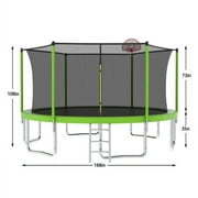 14FT Trampoline for Kids and Adults,Outdoor Large Recreational Trampoline with Ladder and Basketball Hoop,Green