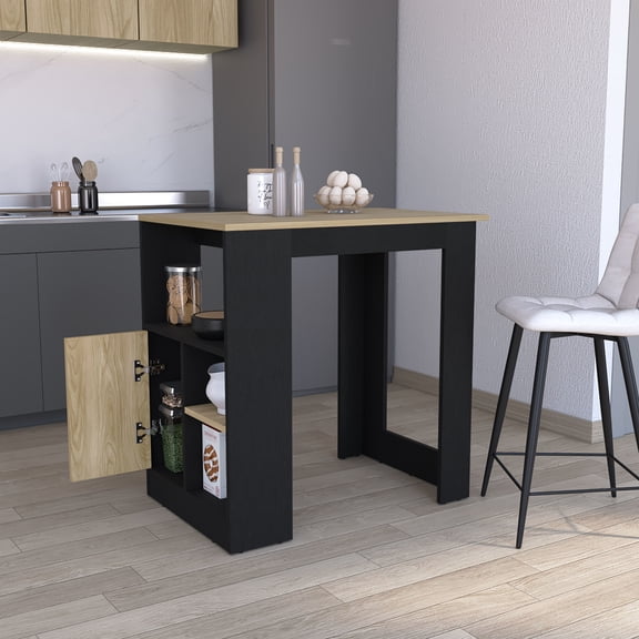 Kitchen Island In Black - Natural Oak, 36.2"w X 23.2"d Worktop, Push-open Cabinet And Side Shelves For Function Oak Style Island, Top, Storage