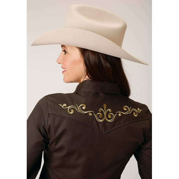 Roper Womens Long Sleeve Snap Solid Broadcloth Deep Choc Brown Western Shirt