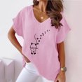 thumbnail image 2 of CHUMUD Cotton Linen Shirts for Women Short Sleeve V Neck Cat Floral Lightweight Tees Summer Casual Loose Fit, 2 of 4