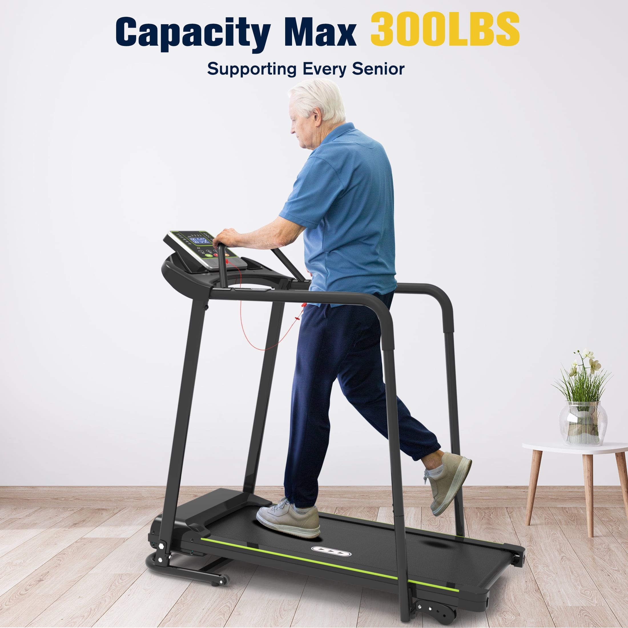 Hapycity Upgraded Folding Treadmill 300 lb 2.5HP with Long Handrails & Incline for Seniors Home Fitness