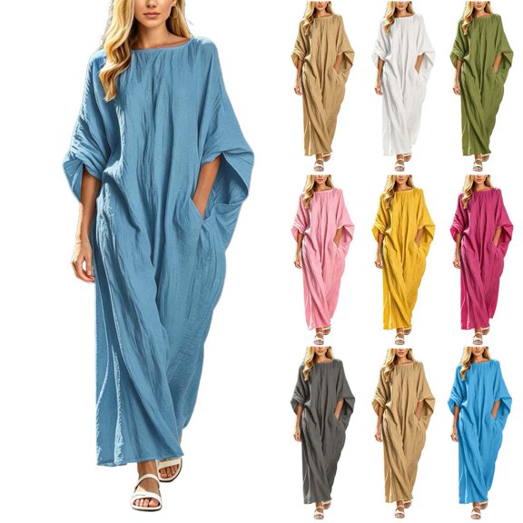 Hueook Cotton Dresses for Women V Neck Long Sleeve Loose Fit Casual Long Maxi Dress Army Green XL