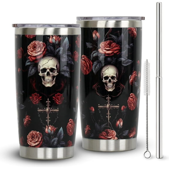 20 oz Goth Skull Rose Halloween Tumbler with Lid and Straw, Halloween Cups for Adults, Halloween Gift for Women and Girls