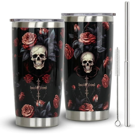 

Halloween Gifts For Women-20oz Halloween Tumbler With Lid and Straw-Goth Skull Stainless Steel Insulated Tumblers Travel Mug Coffee Cup-Halloween Gifts For Men