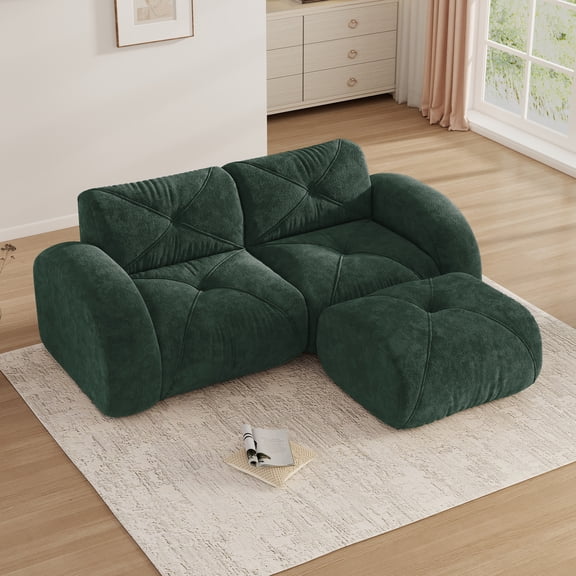 Aukfa Velvet Tufted Modular Sectional Sofa, 80" L-Shaped Boneless Couch with Ottoman for Living Room, Green