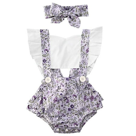 

luethbiezx 2Pcs Baby Girls Ruffle Sleeve Romper Floral Dot Bodysuit with Headband Outfit