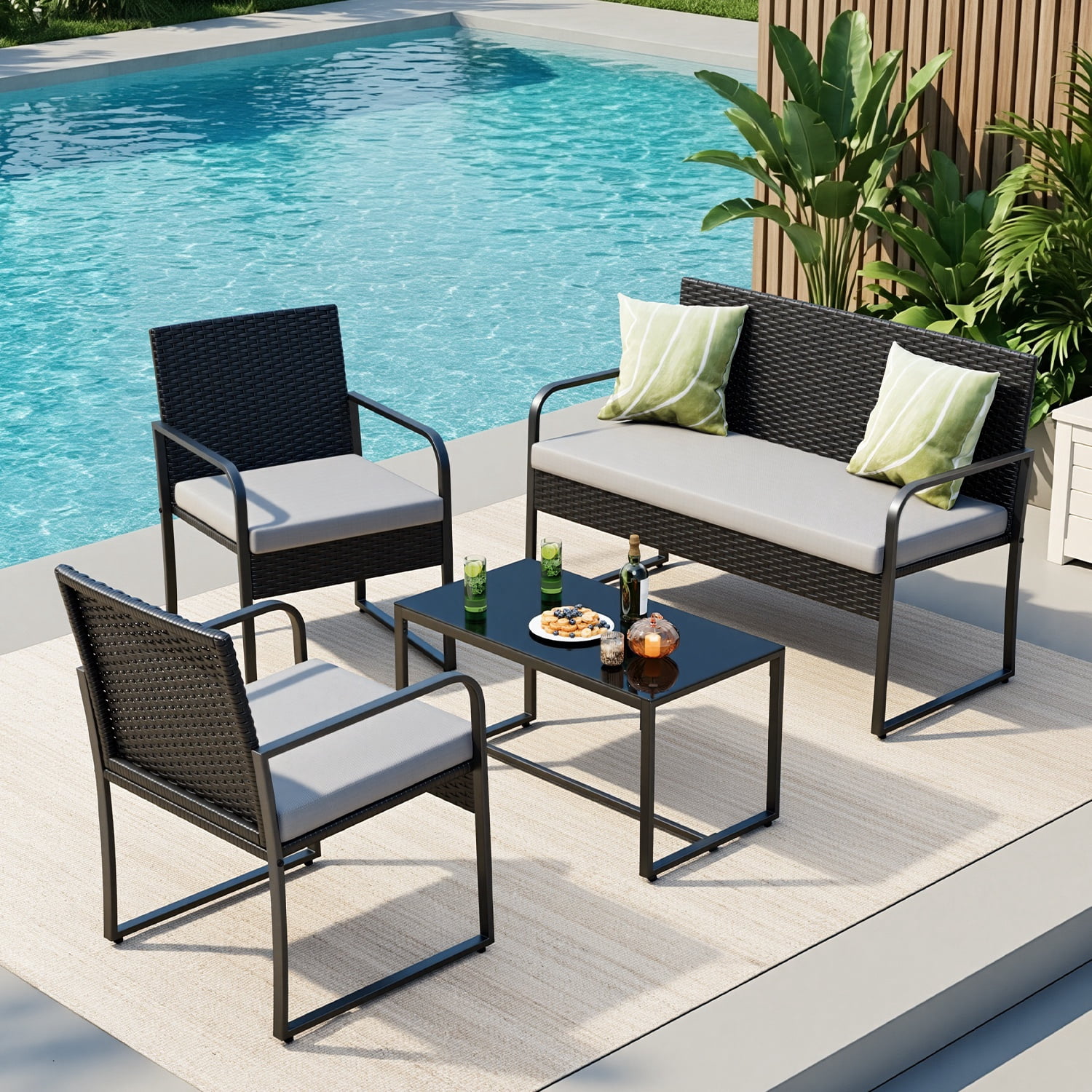 Asofer 4 Pieces Patio Furniture Set, All-Weather Outdoor Rattan Conversation Set with Glass Table for Lawn, Porch, Grey