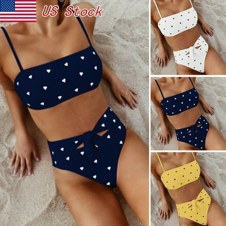 2019 Women's High Waist Bikini Set Push-up Heart-shaped Print Bra Bikini Swimsuit Strap Swimwear Sexy Women Swimming (Best Push Up Bikini 2019)