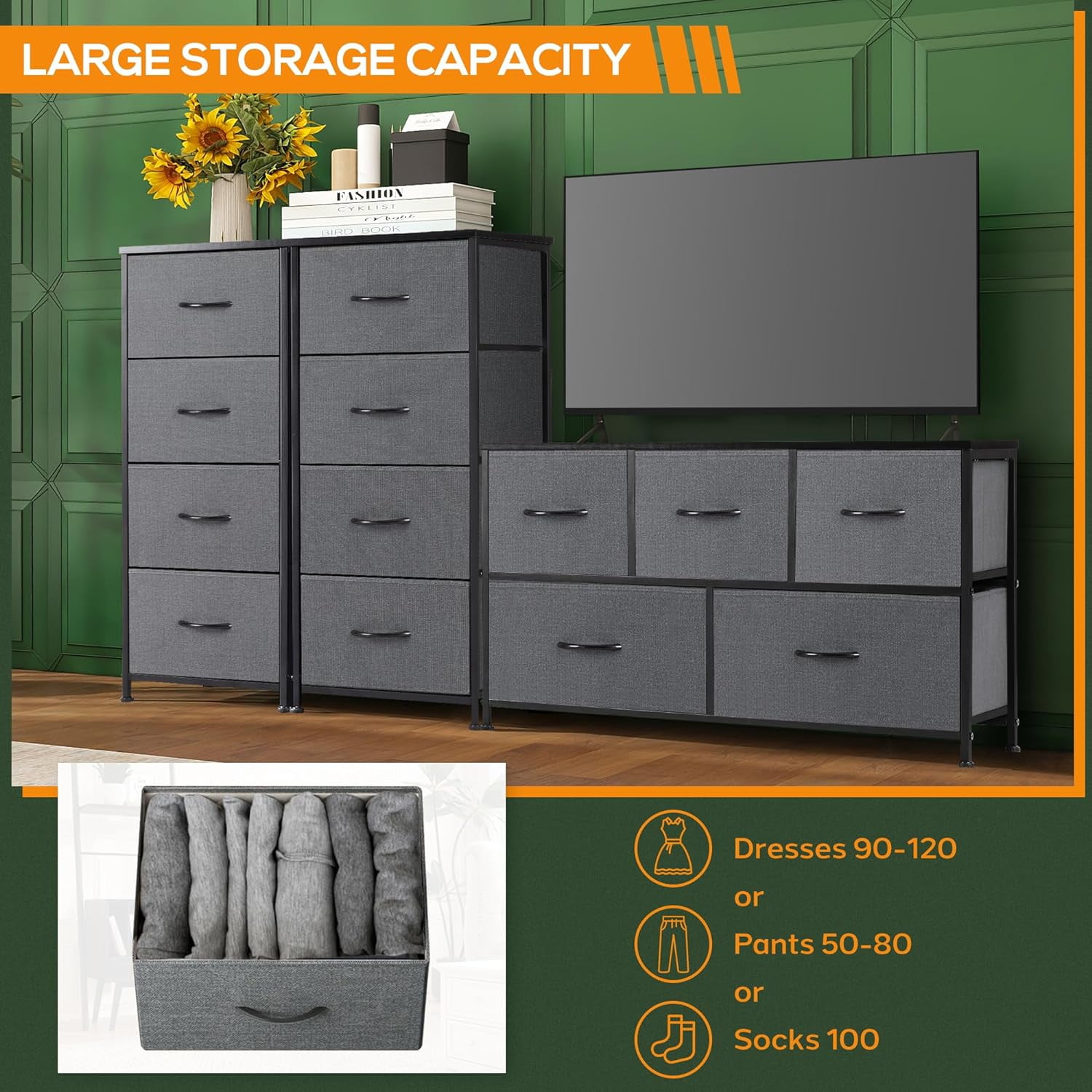 4 Drawer Dresser, Tall Chest Of Drawers Nightstand Storage Tower Storage Dresser Fabric Dresser With Wood Top for Living Room, Bedroom, Hallway,Grey