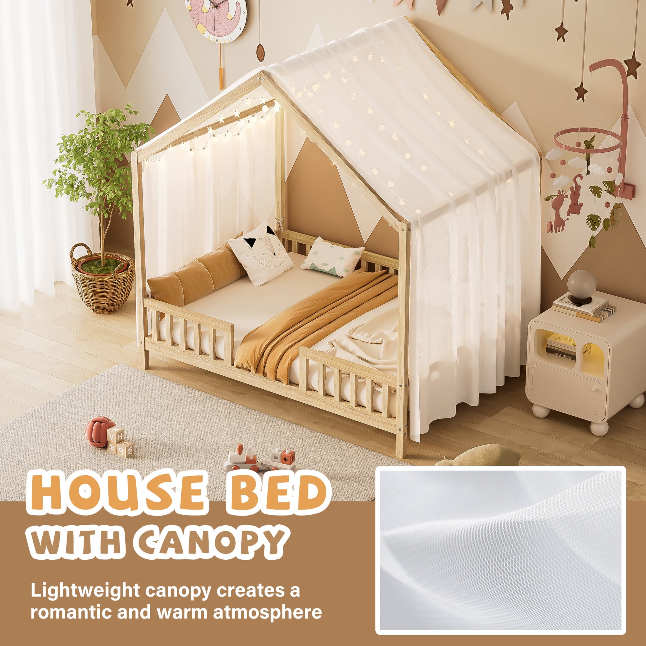 Noble House Full Floor Bed with Canopy and Guardrails, Wood House Bed Frame for Kids, Natural
