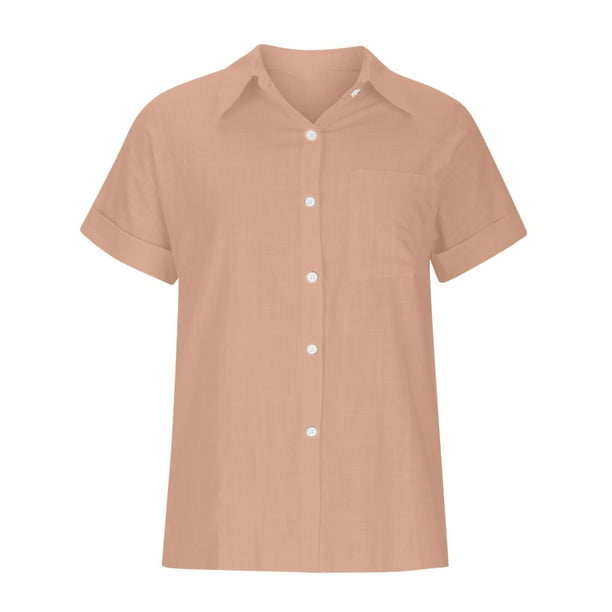 Camisas de Cuello en V de Manga Corta para las Mujeres Blusa Suelta con Botón de Color, Túnica de Trabajo Casual con Bolsillo para Uso Diario