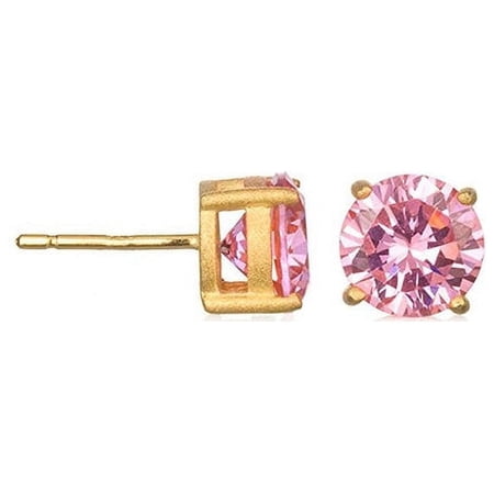Bonjour Jewelers Yellow Gold Plated 8MM Round Pink CZ Stud Earrings