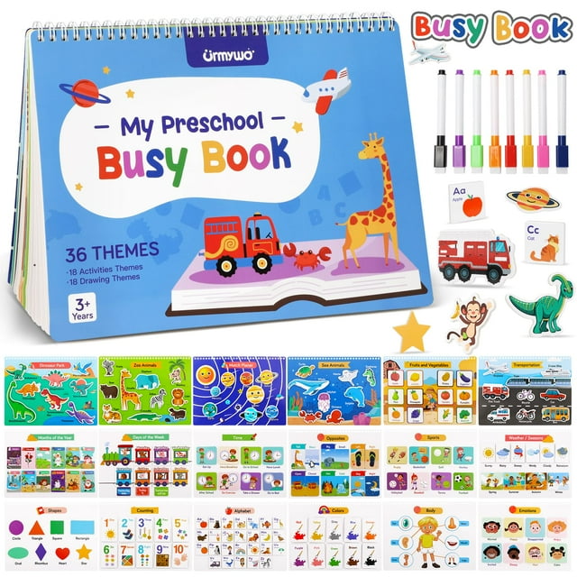 Busy Book URMYWO para niños pequeños de 1 a 3 años con 36 juguetes de aprendizaje temáticos