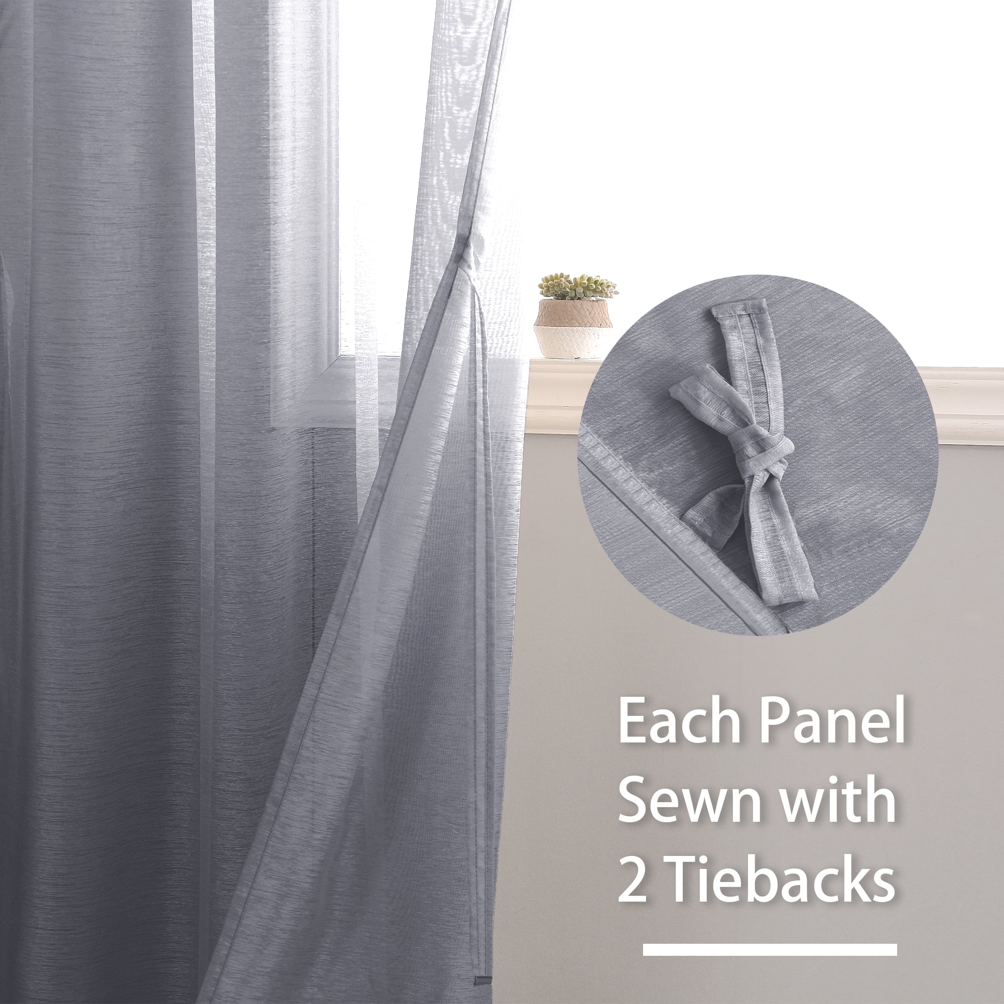 JIUZHEN Semi Sheer Curtains 72 Inches Long, Rod Pocket Light Filtering Semi Transparent Voile Window Curtains for Bedroom Backdrop & Bathroom, Set of 2 with Tiebacks, W52 x L72, Dark Grey