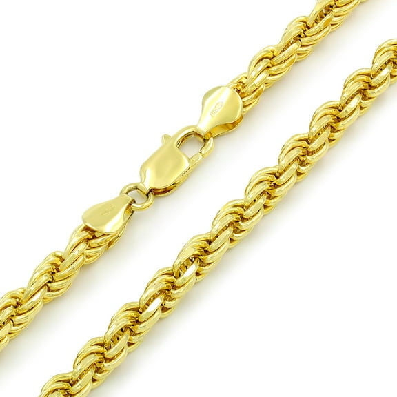 925 Italian Sterling Silver 5mm Solid Rope Diamond Cut Chain, FREE Microfiber Cloth, Yellow Gold Plated Link Mens Womens Necklace, Giorgio Bergamo